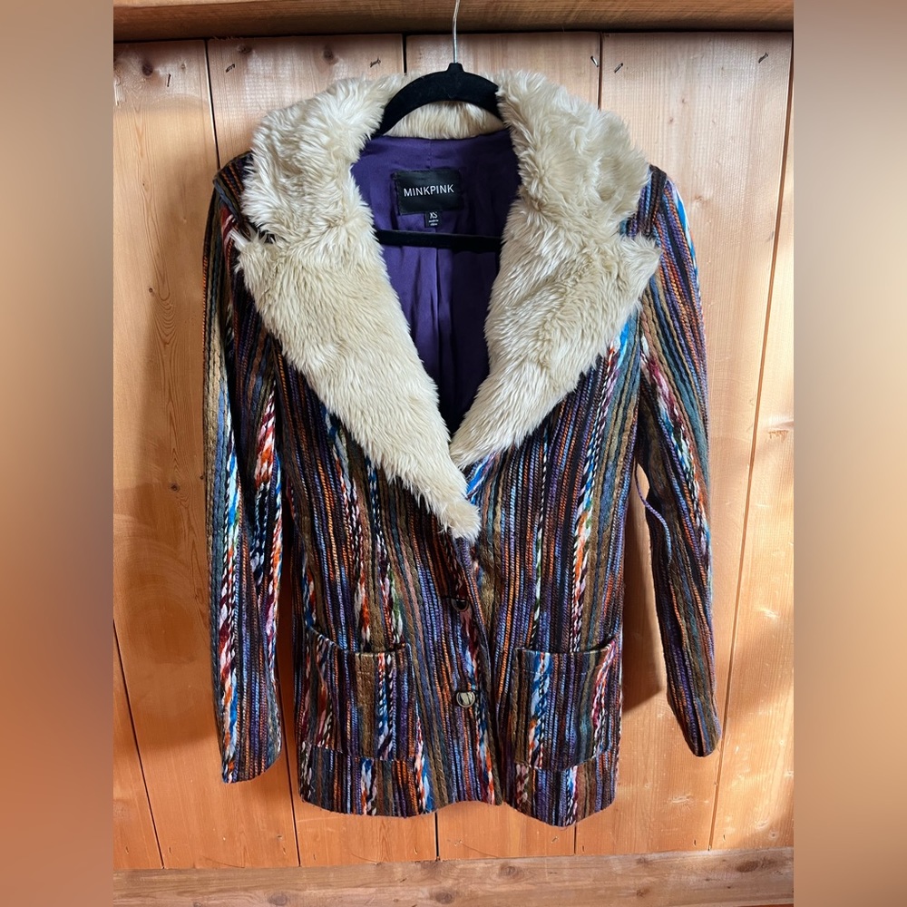 MinkPink multicolor jacket w/fur collar size xs